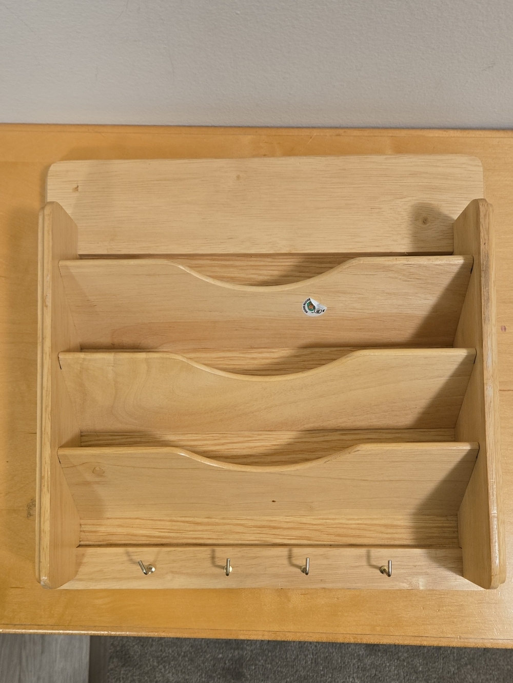 Vintage wooden wall-mounted mail organizer, entryway organizer with hooks